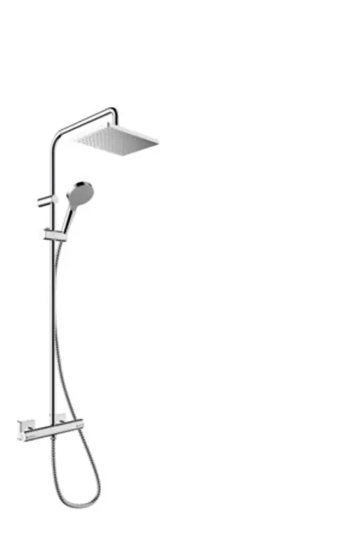 Hansgrohe Duschsystem mit festem und handlichem Duschkopf, integrierter Thermostatarmatur und flexibler Schlauchaufhängung, in chromfarbener Ausführung.